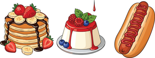 Pancakes with fruit topping, custard dessert with berries, hot dog with ketchup, delicious food illustration, colorful breakfast, tasty snack, gourmet meal © Mst