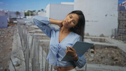 Thai woman holding a clipboard and reading notes while touching her neck at a building construction site under sunlight; concern work stress.