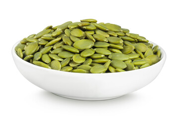 Peeled pumpkin seeds in ceramic bowl isolated on white background