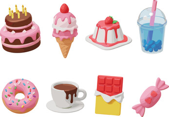 Sweet treats, dessert icons, cake, donut, ice cream, pudding, candy, chocolate, boba drink, hot chocolate, colorful snacks, tasty food
