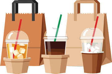 Takeaway drinks, iced coffee, juice, milk beverage, paper bags, plastic cups, dome lids, straws, cardboard holder, café packaging, delivery
