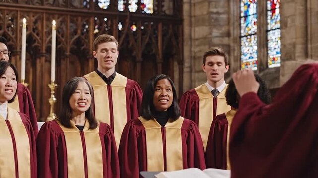 Diverse Choir Sings in Grand Cathedral with Stained Glass Windows.