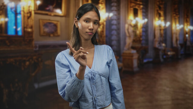 Thai brunette woman in blue blouse holds up two fingers while showing hand and looking sideways in ornate building with statues and chandeliers; contemplation.