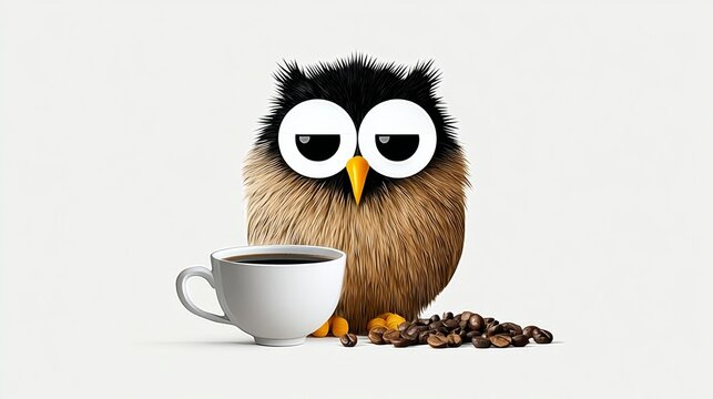 Cute cartoon owl with fluffy feathers, sitting beside a white coffee cup and scattered coffee beans, creating a whimsical and cozy atmosphere for coffee lovers and nature enthusiasts