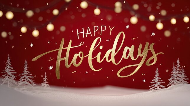 Gold holiday greeting text on red background with snowy landscape, glowing stars, and festive lights