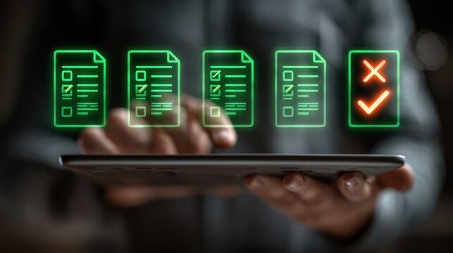 Person holding Tablet Displaying Digital Data Verification and Validation System, with Glowing Icons Showing Document Approval and Rejection