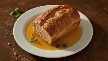 Fresh bread loaf with butter and herbs on a white plate, served on a rustic wooden surface.