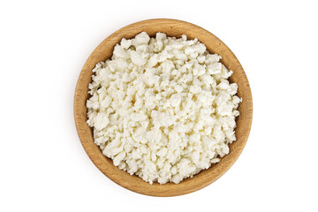 Cottage Cheese, Curd in wooden bowl isolated on white background. Top view. Flat lay