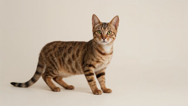 A domestic cat standing on a plain background. Cute feline, pet, and mammal. The image shows a cat with distinctive markings and a curious expression.