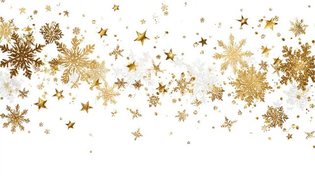 Gold snowflakes and stars on transparent background. New Year illustration PNG image. - Powered by Adobe
