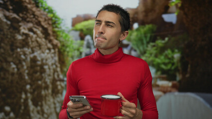 Young man in red sweater using smartphone while holding coffee cup in park setting during daylight, blending technology and relaxation outdoors.