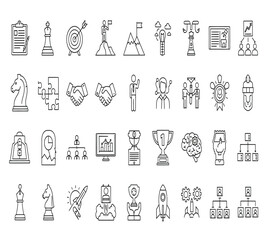 Business strategy and management line icons, goal, target, success, team, leadership, finance, growth, innovation, partnership, isolated on white