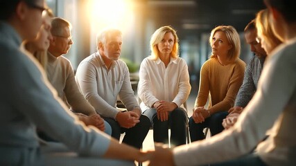 Addiction recovery groups sharing stories, circle of support in community center, hope amid opioid crisis, emotional healing visualized, soft lighting and unity symbols, inspiratio