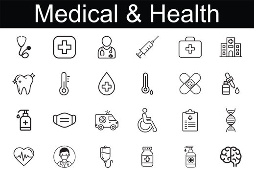 Medicine and health set of web icons in line style. Immunization icon set, line art editable stroke, vaccination healthcare design, Emergency, medical equipment, RX, MRI, doctor, lab, virus, prescript