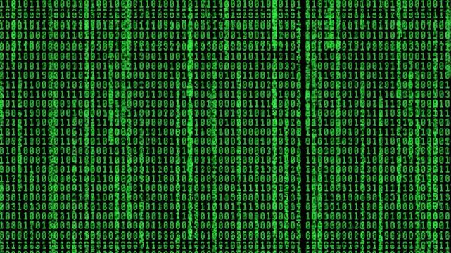 Green binary code cascades down on black background