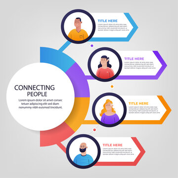 Hand drawn flat design connecting people infographic, Vector infographic template featuring a modern, 3D-style circular layout divided into 4 steps. Ideal for presenting business processes, timelines