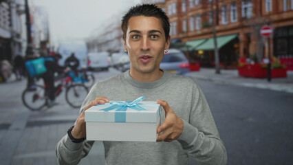 Young man holding gift box on urban street with excitement on his face, showcasing a vibrant city...