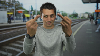 Naklejka premium Young hispanic man flips both middle fingers directly at camera in a busy train station; anger defiance.