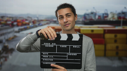 Young man with clapperboard at seaside port with boats in the background, representing film...