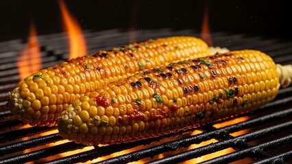 Delicious corn on the cob grilling over open flames showing charred kernels and seasonings