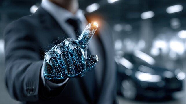 Industrial Engineer Controls Robotics with Ai in Car Factory, Monitoring System Software and Icon Industry, Touching the Future - Powered by Adobe