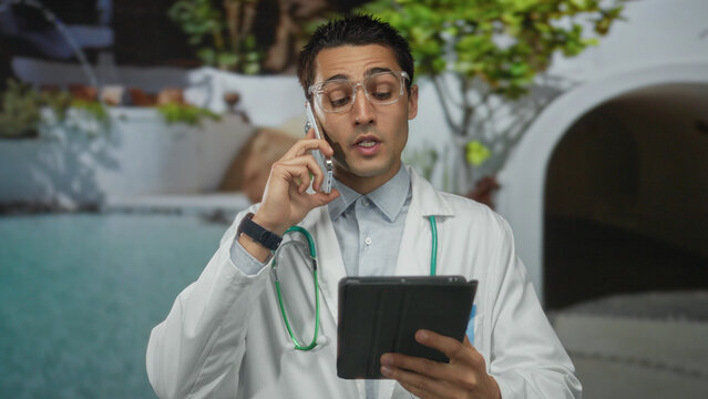 Young hispanic man with stethoscope holding smartphone to ear and reading tablet at pool; dedication.
