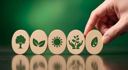 Hand arranging wooden eco icons on reflective surface for sustainability