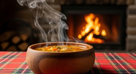 Hot steaming vegetable soup in a rustic wooden bowl placed on a tartan tablecloth against a cozy, warm fireplace.