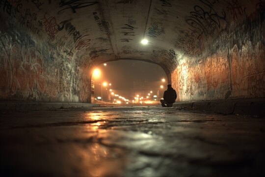 Man Sitting in Graffiti Tunnel Illuminated by Warm Streetlight in Urban Decay Generative AI
