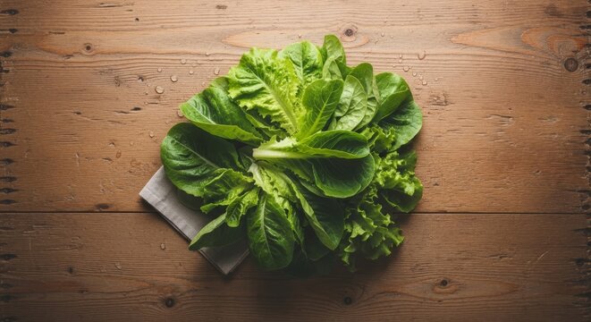 Fresh green romaine lettuce and mixed salad leaves arranged on a rustic dark wood table, shot from overhead. - Powered by Adobe