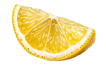 Juicy segment of fresh yellow lemon with glistening pulp and pith presented on a neutral surface for use in culinary or beverage contexts