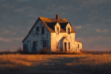 Fototapeta premium Old Abandoned House Bathed in Golden Hour Glow With Melancholic Atmosphere Generative AI