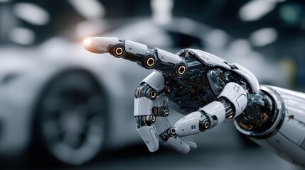 Industrial Engineer Controls Robotics with Ai in Car Factory, Monitoring System Software and Icon Industry, Touching the Future