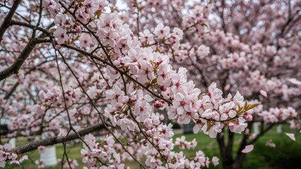 Fototapeta premium Cherry blossoms in full bloom during spring season. Beautiful pink flowers on a tree branch. Nature scene with a focus on floral beauty.