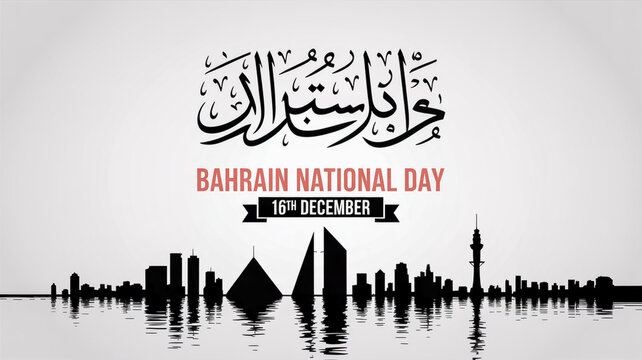 Bahrain national day celebration with skyline silhouette and calligraphy. - Powered by Adobe