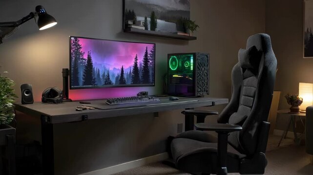 Medium shot focusing on workstation setup with proper lighting and screen height to support eye comfort and productivity.
