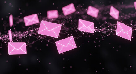 Pink envelopes floating on digital network against dark background email communication