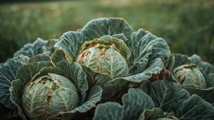Healthy cabbage plants growing in a field with lush green leaves. Agricultural crops and farming. Vegetables and horticulture. The concept of gardening and agricultural cultivation