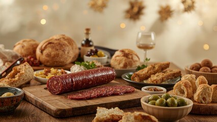 Fototapeta premium Festive food spread with bread, cured meats, olives, and drinks, highlighting a holiday celebration.