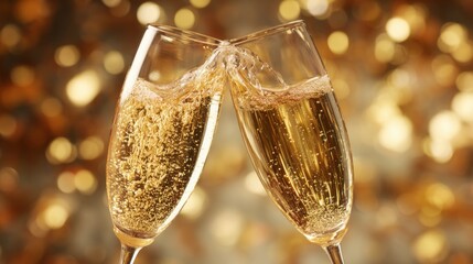 Two champagne flutes toasting with splash and golden bokeh background