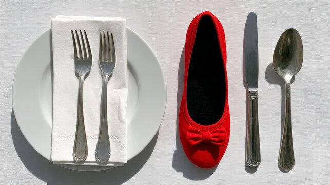 Unique table setting featuring a red ballet flat alongside silver cutlery and a white plate, creating a whimsical dining experience with playful elements and unexpected contrasts