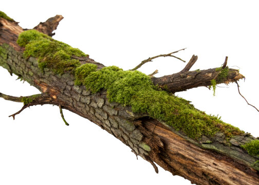 Moss covered fallen tree branch with detailed bark texture providing natural growth and organic surface for forest or nature themed projects - Powered by Adobe