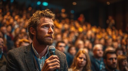 Young professional speaks at international tech conference during Q and A in a dark, crowded auditorium. Global business summit participant expresses opinion