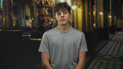 Teenage boy wearing necklace looking at camera with relaxed posture inside ornate building; quiet...
