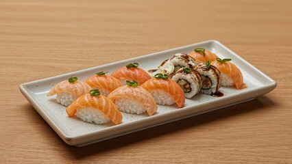 Sushi platter with salmon nigiri and sushi rolls served on a rectangular plate. Food, cuisine, Japanese, seafood, appetizer. The concept of sushi cuisine and presentation.