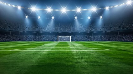 The soccer field is ready as bright stadium lights shine on the lush green grass, awaiting eager players and fans for an upcoming match - Powered by Adobe