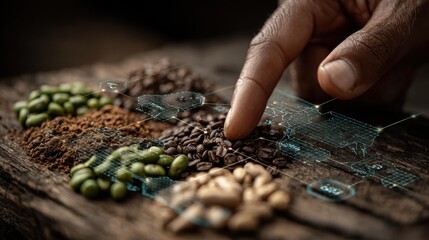 Eudr traceability and geolocation on regulated commodities showing land origin verification and data tracking, coffee, cocoa, soya, wood, rubber and cattle on a digital interface