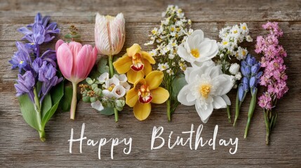 Happy birthday greeting card featuring assortment of tulips, orchids, and hyacinths laying on wooden table