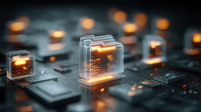 Futuristic holographic interface displays file folders, demonstrating digital document storage and cloud computing database management systems