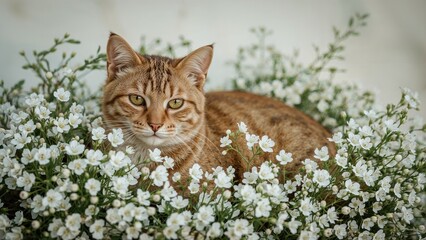 A tabby cat lying among white flowers with green foliage.